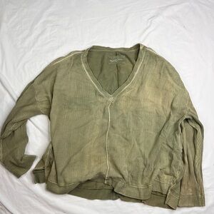 Anthropologie Pilcrc Distressed Green V-neck Boxy Relaxed Sweater Size A020824